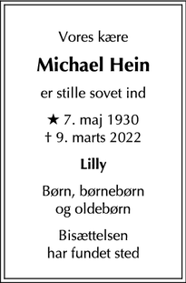 Dødsannoncen for Michael Hein - København