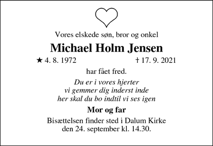 Dødsannoncen for Michael Holm Jensen - Odense