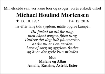 Dødsannoncen for Michael Houlind Mortensen - Stouby