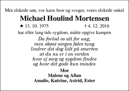 Dødsannoncen for Michael Houlind Mortensen - Stouby