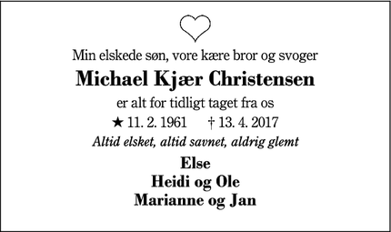 Dødsannoncen for Michael Kjær Christensen - Sdr. Felding