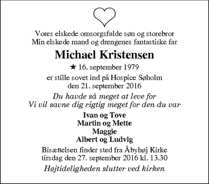 Dødsannoncen for Michael Kristensen - Aarhus