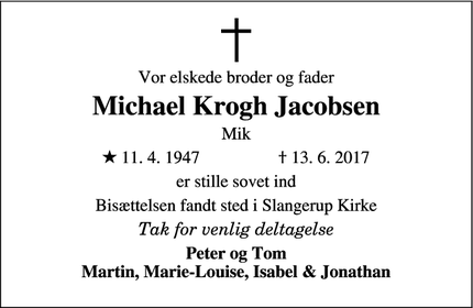 Dødsannoncen for Michael Krogh Jacobsen - Frederikssund, Denmark
