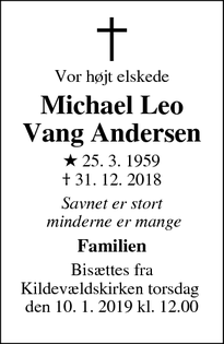 Dødsannoncen for Michael Leo Vang Andersen - København