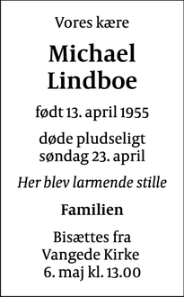Dødsannoncen for Michael Lindboe - Vangede, Gentofte
