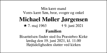 Dødsannoncen for Michael Møller Jørgensen - Ishøj