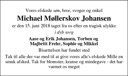 Dødsannoncen for Michael Møllerskov Johansen - Vamdrup