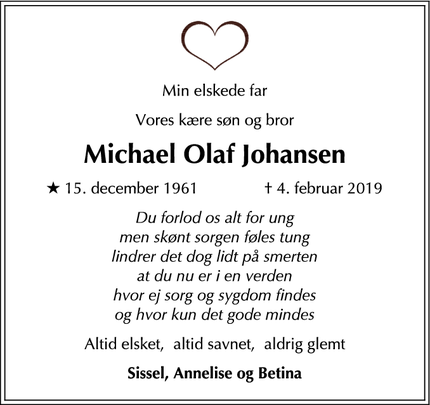 Dødsannoncen for Michael Olaf Johansen - Hesselager