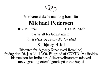 Dødsannoncen for Michael Pedersen - Roskilde 