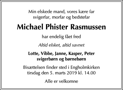 Dødsannoncen for Michael Phister Rasmussen - Allerød