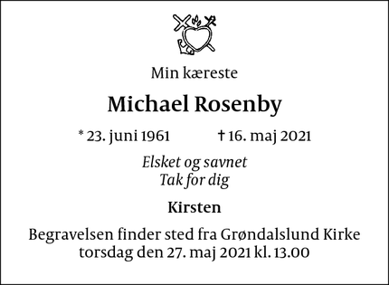 Dødsannoncen for Michael Rosenby - Hornbæk