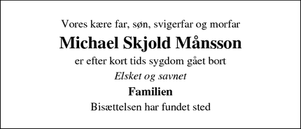 Dødsannoncen for Michael Skjold Månsson - odense s