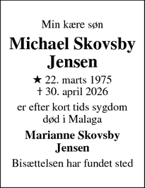 Dødsannoncen for Michael Skovsby
Jensen - Odense sv