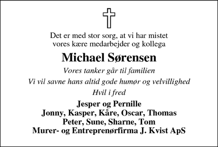 Dødsannoncen for Michael Sørensen - Ebeltoft