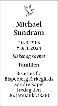 Dødsannoncen for Michael
Sundram - København SV