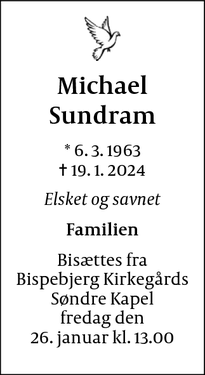 Dødsannoncen for Michael
Sundram - København SV