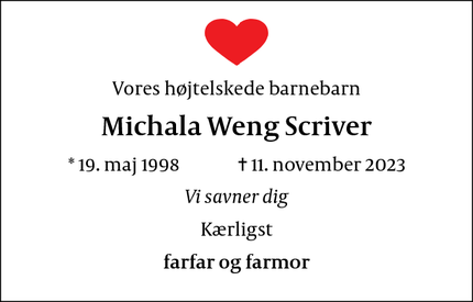 Dødsannoncen for Michala Weng Scriver - Kerteminde