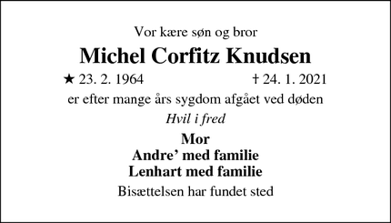 Dødsannoncen for Michel Corfitz Knudsen - København N