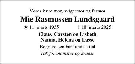 Dødsannoncen for Mie Rasmussen Lundsgaard - Fredericia
