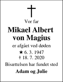 Dødsannoncen for Mikael Albert 
von Magius - Kongens Lyngby 