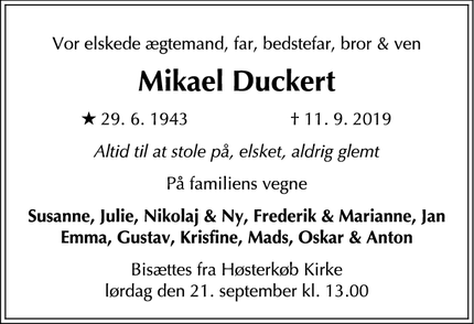 Dødsannoncen for Mikael Duckert - Høsterkøb