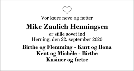 Dødsannoncen for Mike Zaulich Henningsen - Herning