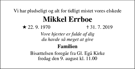 Dødsannoncen for Mikkel Errboe - Egå