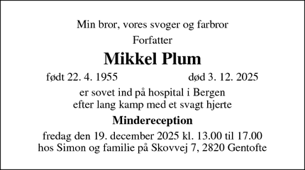 Dødsannoncen for Mikkel Plum - GENTOFTE