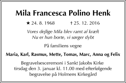 Dødsannoncen for Mila Francesca Polino Henk - København ø