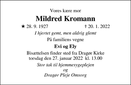 Dødsannoncen for Mildred Kromann - Dragør