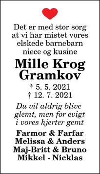 Dødsannoncen for Mille Krog
Gramkov - Klokkerholm