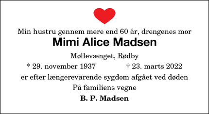 Dødsannoncen for Mimi Alice Madsen - Rødby