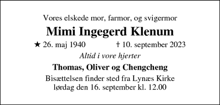 Dødsannoncen for Mimi Ingegerd Klenum - Hundested