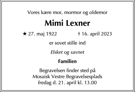 Dødsannoncen for Mimi Lexner - København