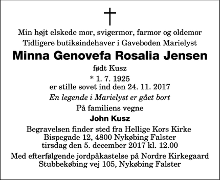 Dødsannoncen for Minna Genovefa Rosalia Jensen - Marienlyst