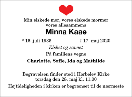 Dødsannoncen for Minna Kaae - Horbelev