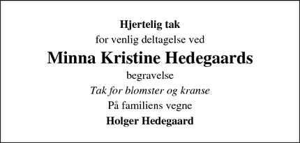 Taksigelsen for Minna Kristine Hedegaards - Løsning