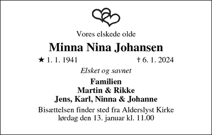 Dødsannoncen for Minna Nina Johansen - KARUP J