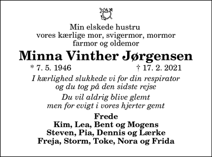 Dødsannoncen for Minna Vinther Jørgensen - Jerup