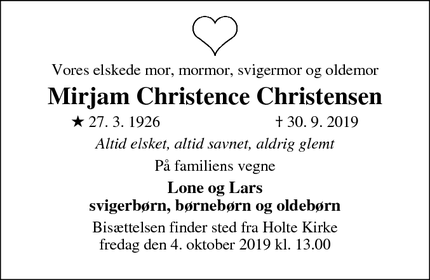 Dødsannoncen for Mirjam Christence Christensen - Holte