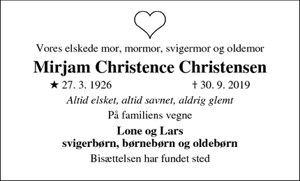 Dødsannoncen for Mirjam Christence Christensen - Holte