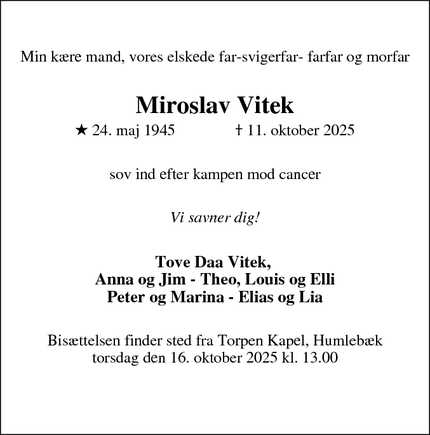 Dødsannoncen for Miroslav Vitek - København