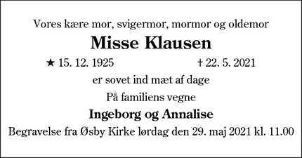 Dødsannoncen for Misse Klausen - Øsby