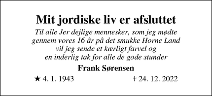 Dødsannoncen for Mit jordiske liv er afsluttet - Horne
