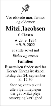 Dødsannoncen for Mitzi Jacobsen - Korsør