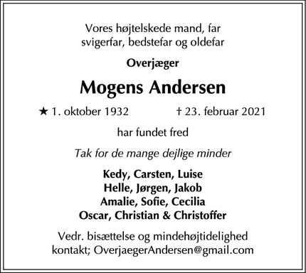 Dødsannoncen for Mogens Andersen - sorø