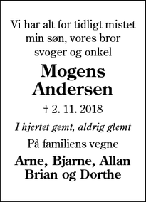 Dødsannoncen for Mogens Andersen - Nordborg