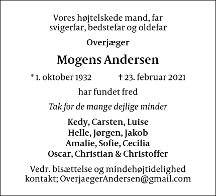 Dødsannoncen for Mogens Andersen - sorø