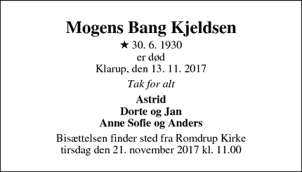 Dødsannoncen for Mogens Bang Kjeldsen - Klarup