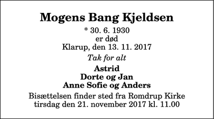 Dødsannoncen for Mogens Bang Kjeldsen - Klarup